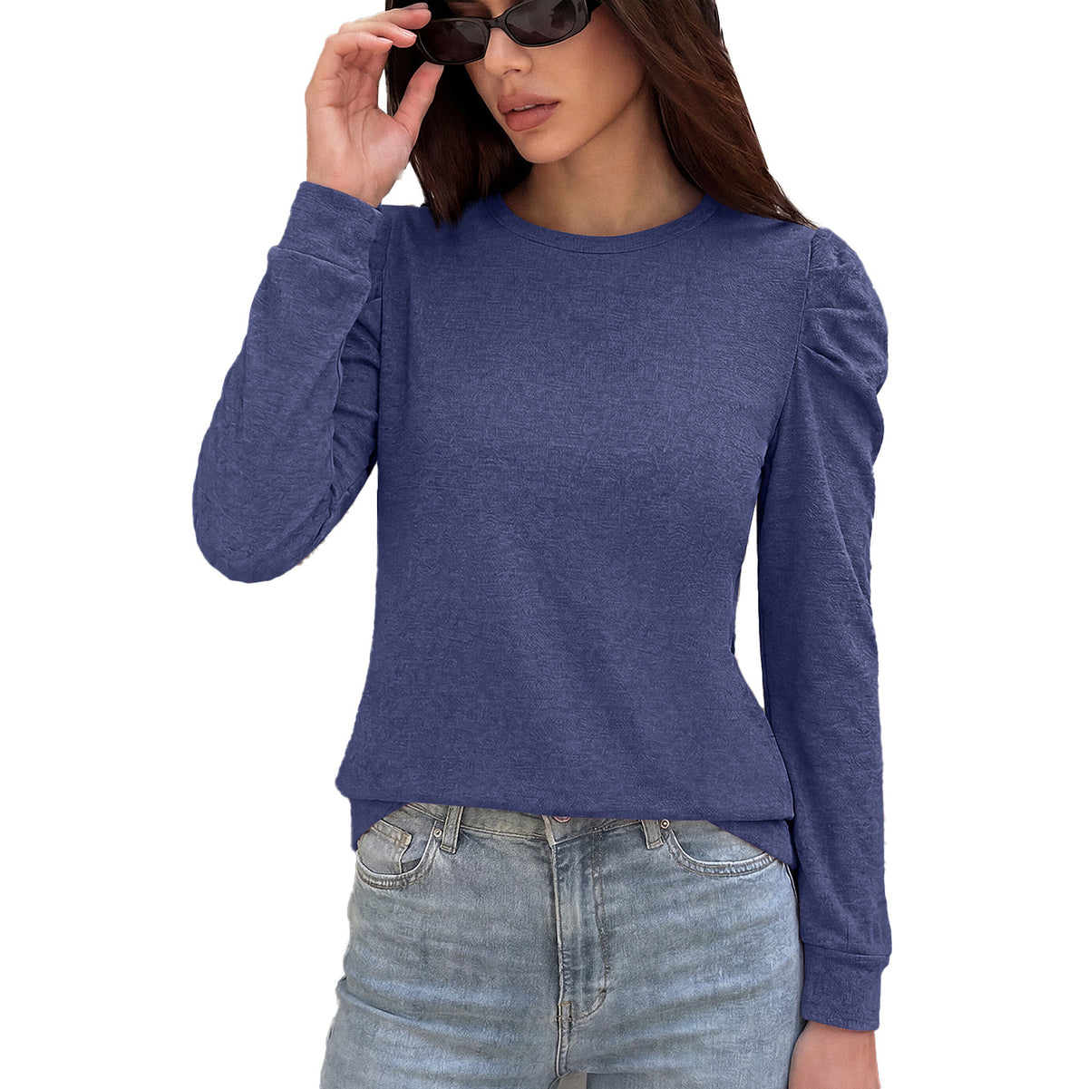 Women's Puff Sleeve Crew Neck Long Sleeve Solid Casual Top