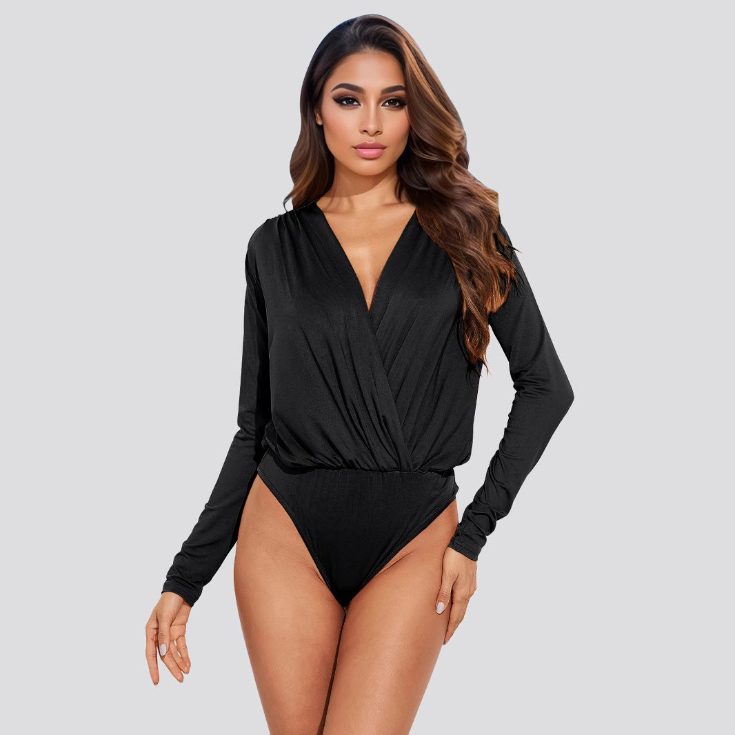 Sexy Deep V Neck Long Sleeve Ruched Bodysuit