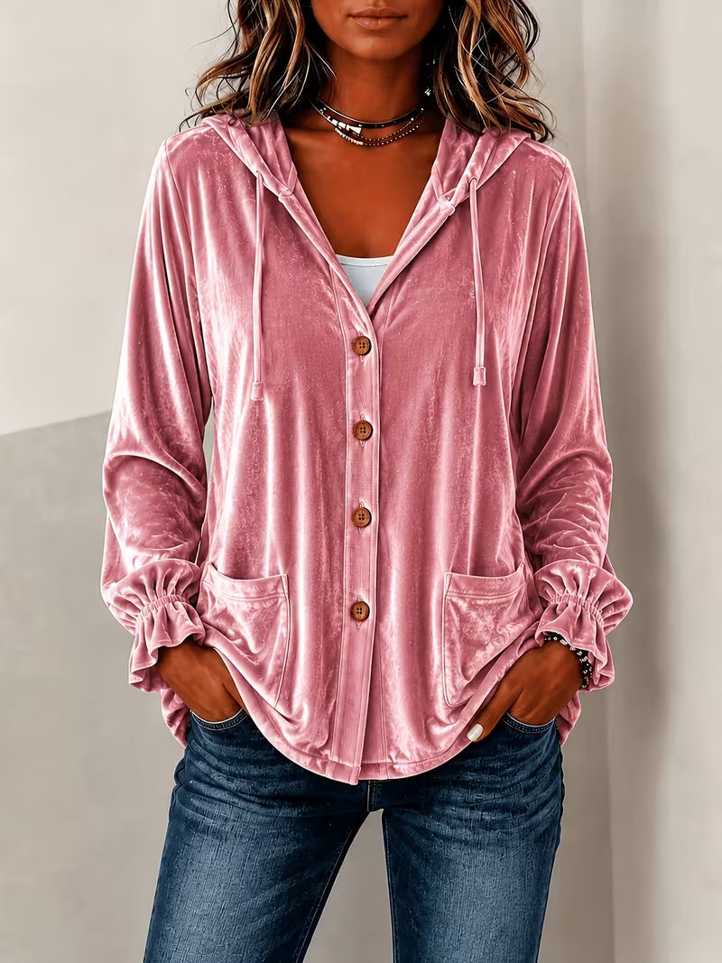 Women's Velvet Hooded Button Down Jacket