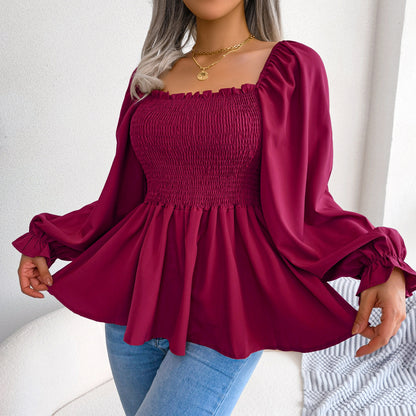 Smocked Square Neck Bell Sleeve Ruffle Peplum Top