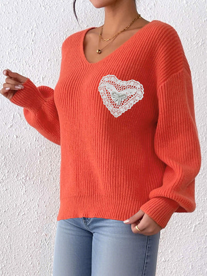 V Neck Knit Pullover Sweater with Lace Heart Detail