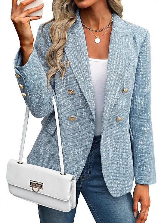 Women's Plaid Double Breasted Blazer Slim Fit Office Jacket