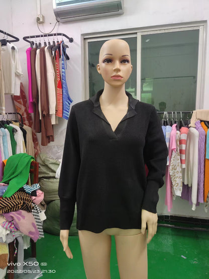 Women's Oversized Polo Collar Knit Sweater Pullover