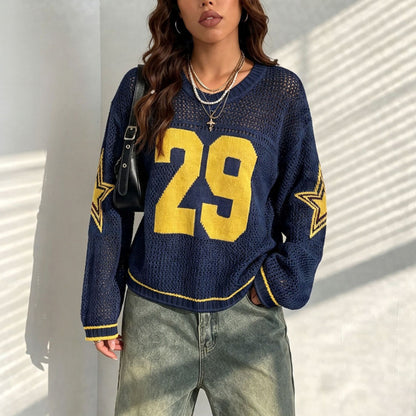 Women's Oversized Graphic Number Mesh Sweater Streetwear