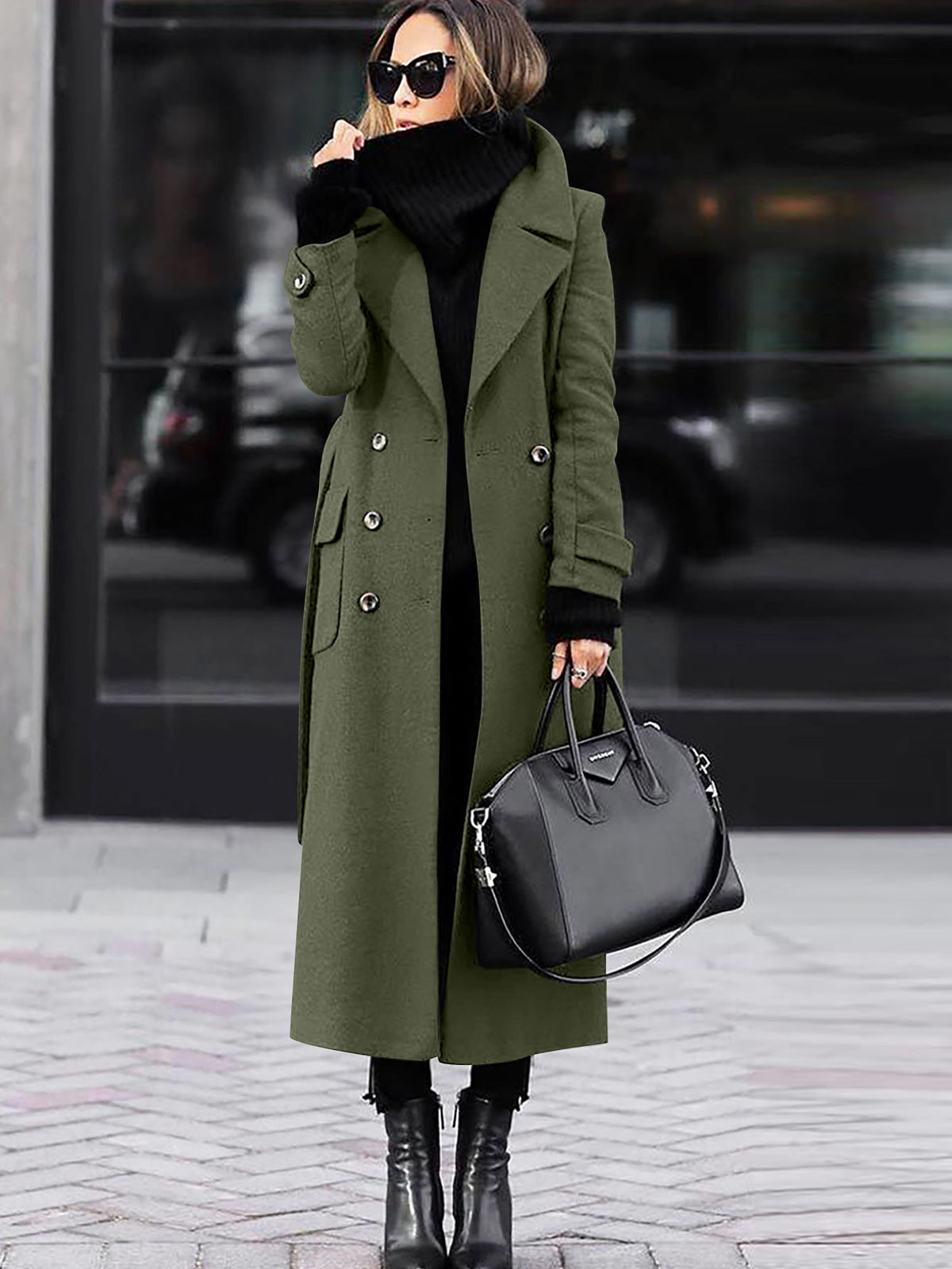 Womens Long Lapel Coat Double Breasted Winter Overcoat