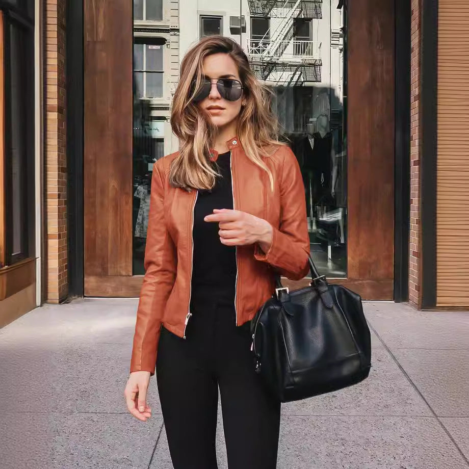 Women's Faux Leather Moto Blazer Jacket Slim Fit Zip-Up