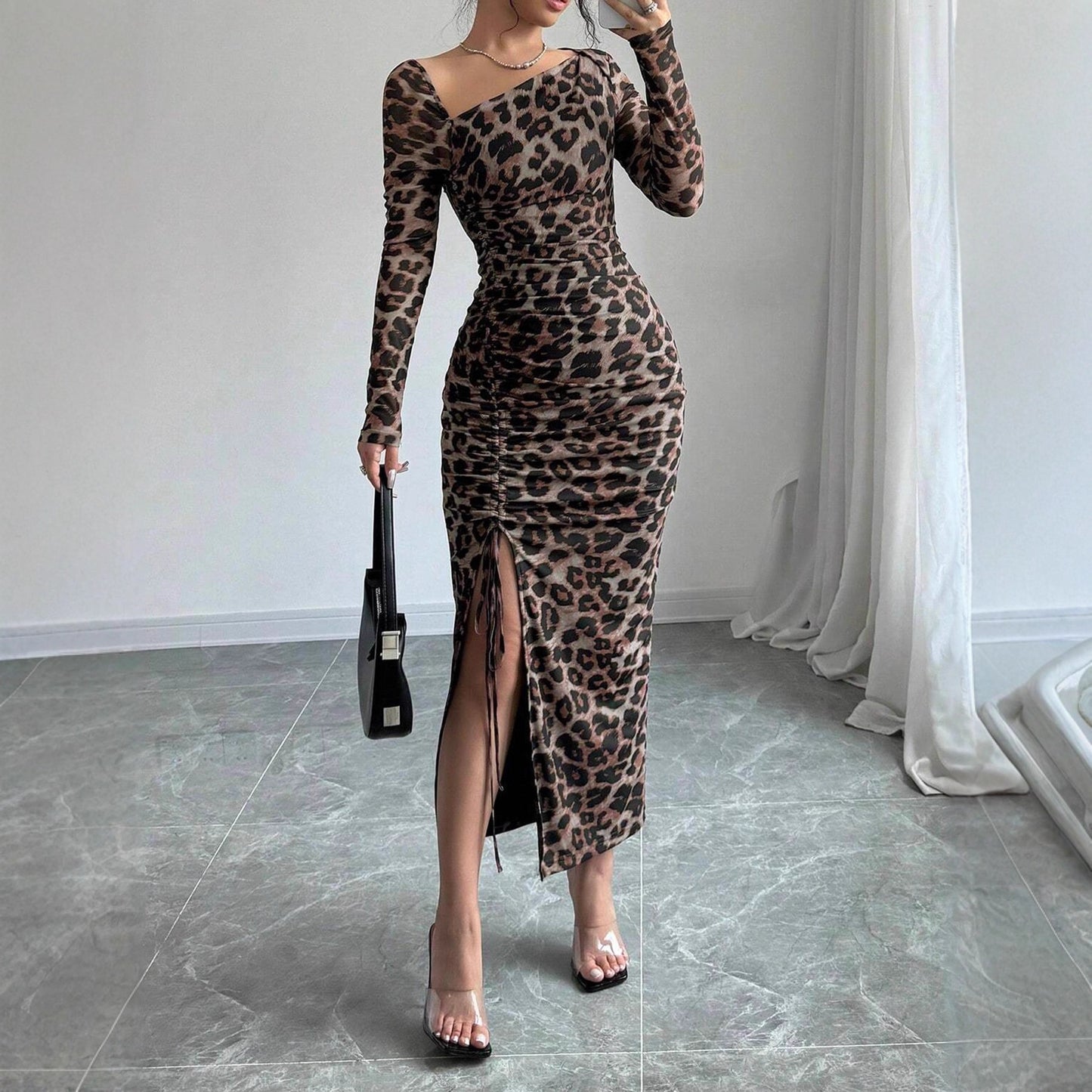 Leopard Mesh Asymmetrical Neck Ruched Bodycon Midi Dress