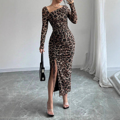 Leopard Mesh Asymmetrical Neck Ruched Bodycon Midi Dress