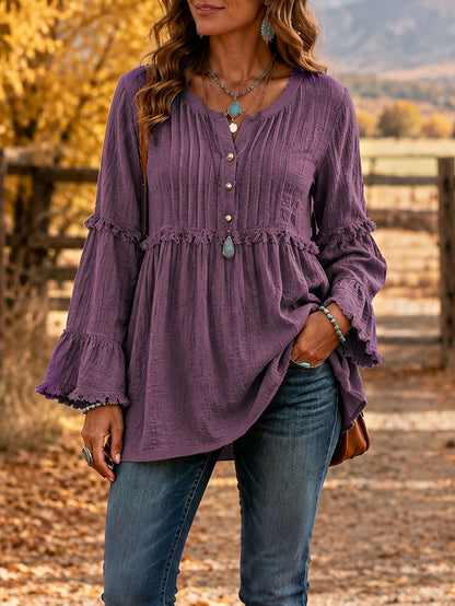 Women's Boho Ruffle V Neck Button Bell Sleeve Tunic Top