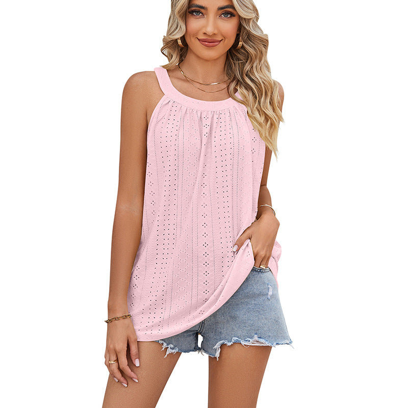 Loose Fit Round Neck Pleated Sleeveless Vest T-Shirt