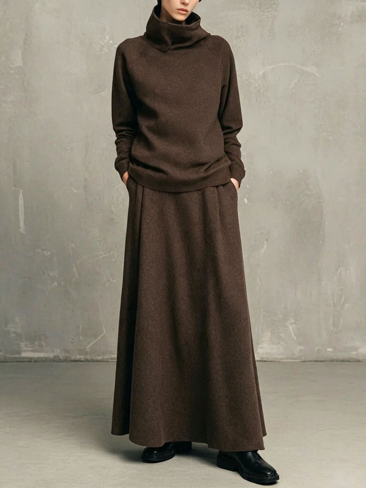 Womens Fleece Turtleneck Sweatshirt Maxi Skirt Set