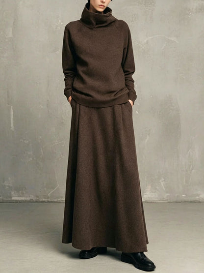 Womens Fleece Turtleneck Sweatshirt Maxi Skirt Set