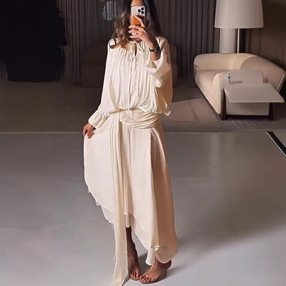 Ruched Satin Puff Sleeve A Line Maxi Dress
