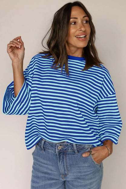 Blue Striped Knit Back Bow Open Back Top Women