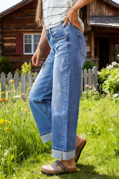 High Rise Cuffed Wide Leg Distressed Jeans
