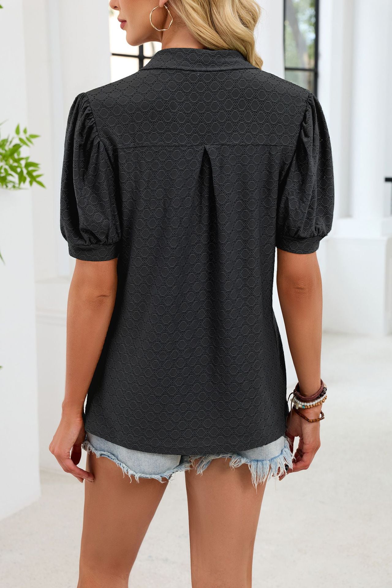 Eyelet V Neck Puff Sleeve Polo Blouse Casual Top