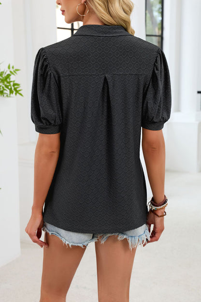 Eyelet V Neck Puff Sleeve Polo Blouse Casual Top