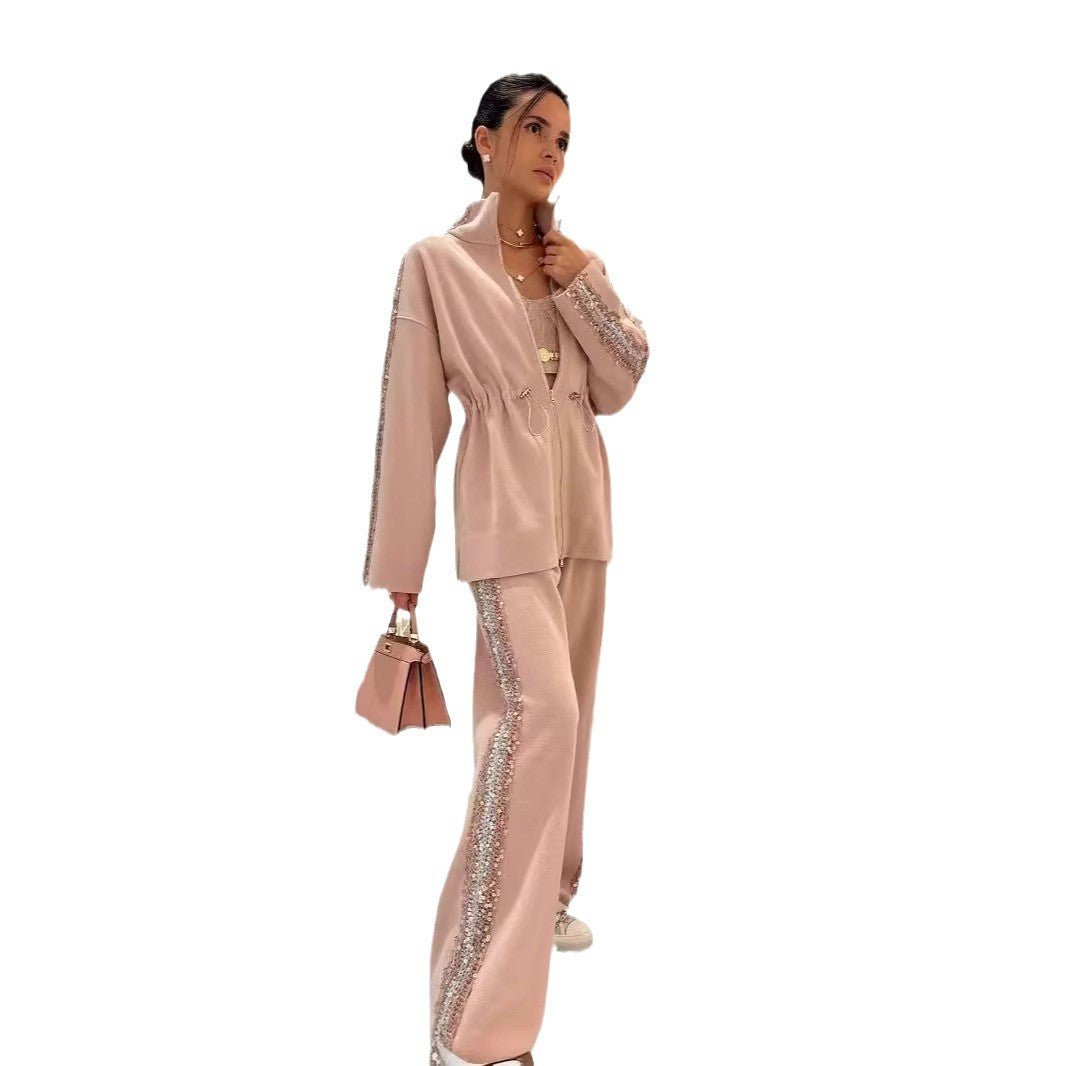 Women's Sequin Drawstring Wide Leg Pants Two Piece Set