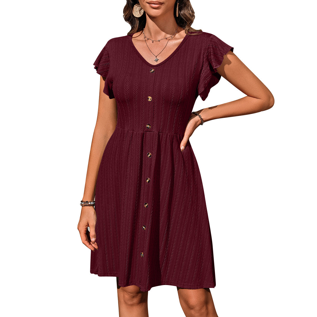 V-Neck Button Elastic Waist Short-Sleeve Dress