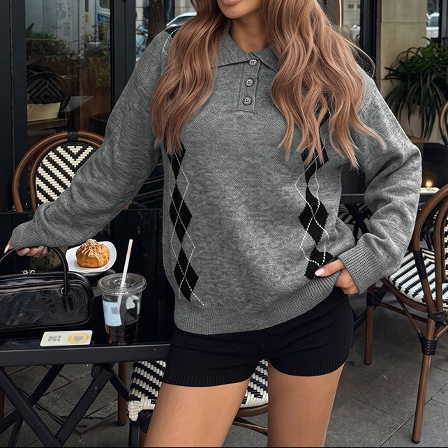 Women's Oversized Argyle Polo Sweater Vintage Knit