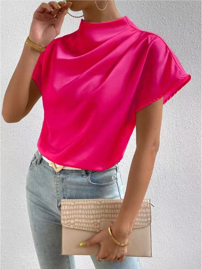 Women's Satin Mock Neck Draped Cap Sleeve Blouse