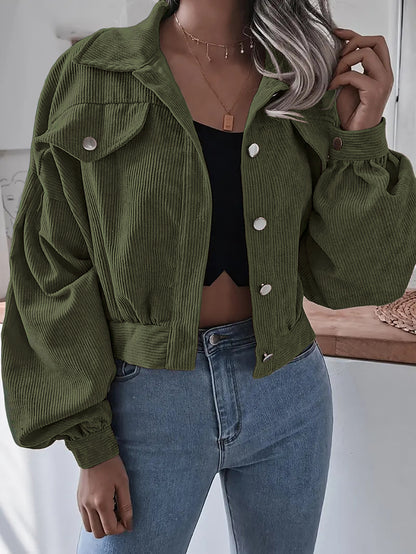 Womens Corduroy Cropped Jacket Balloon Sleeve Oversized