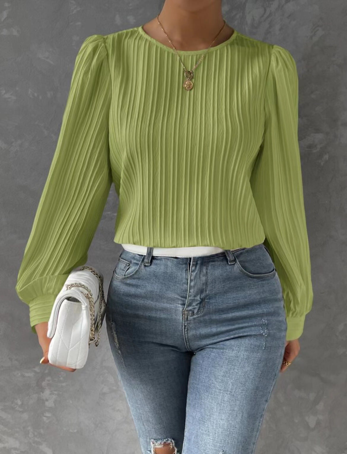 Women's Balloon Sleeve Pleated Blouse Round Neck Top