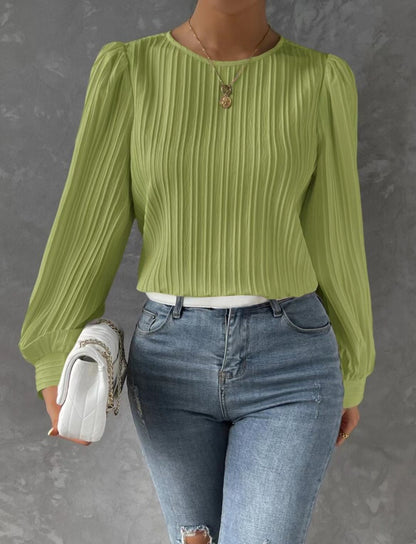 Women's Balloon Sleeve Pleated Blouse Round Neck Top