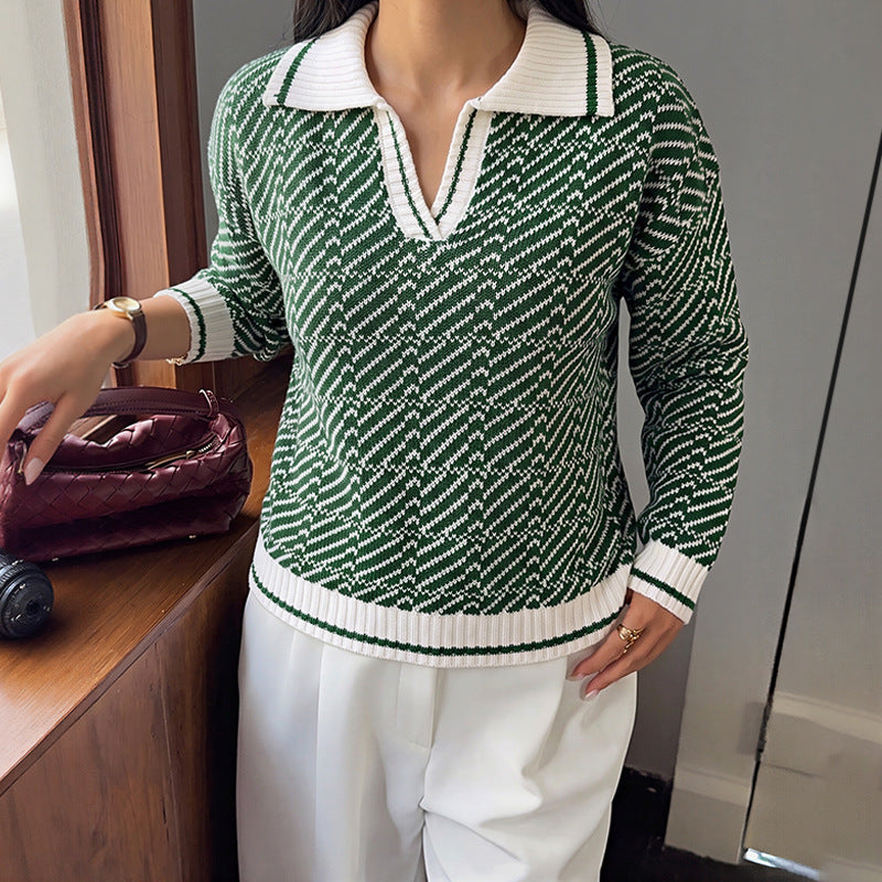 Contrast Polo Collar Abstract Knit Pullover Sweater
