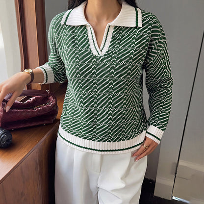 Contrast Polo Collar Abstract Knit Pullover Sweater