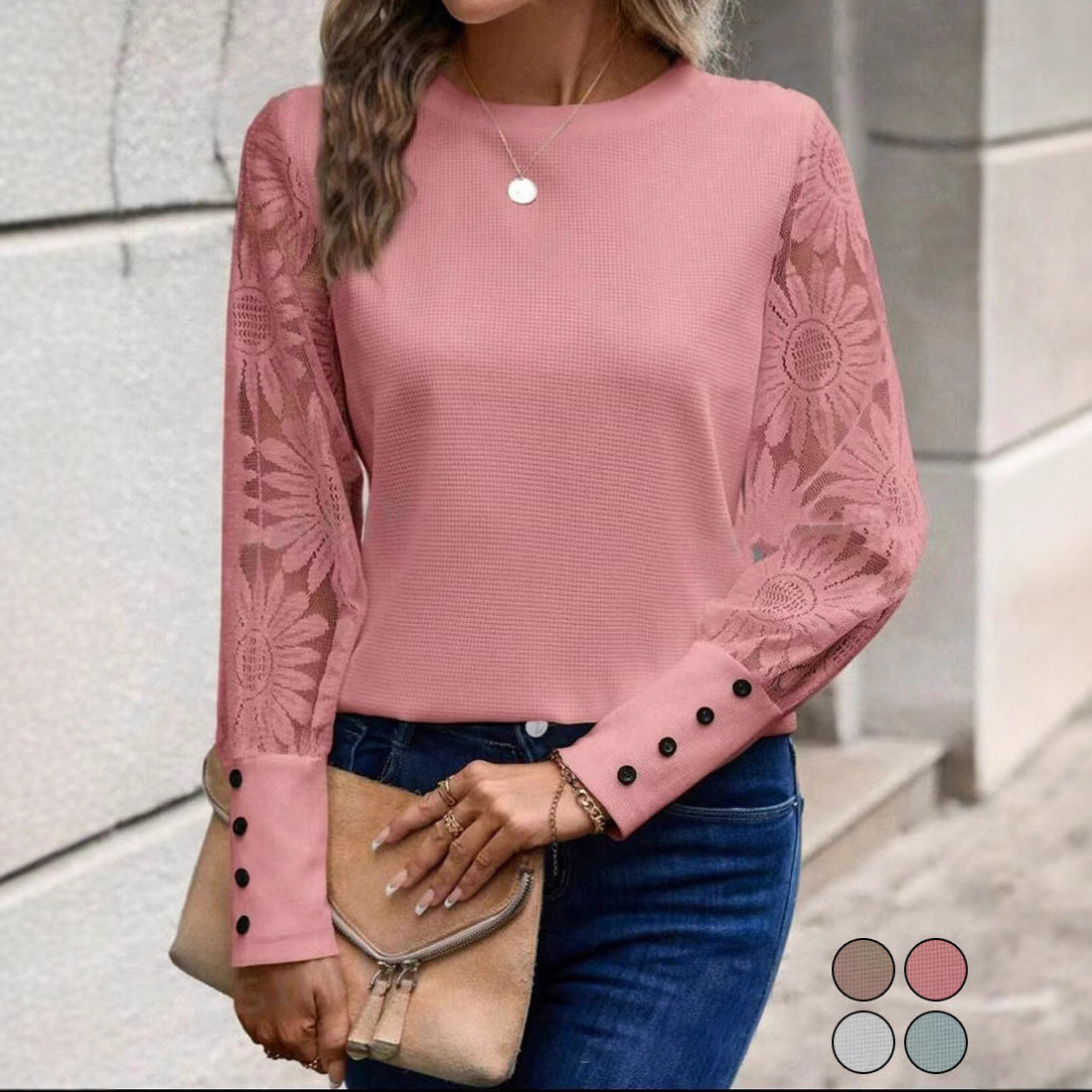 Women's Waffle Knit Lace Sleeve Top Button Cuff