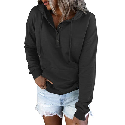 Women's Henley Hoodie Button Drawstring Pocket Pullover