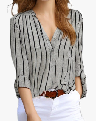 Women's Striped V-Neck Long Sleeve Casual Blouse
