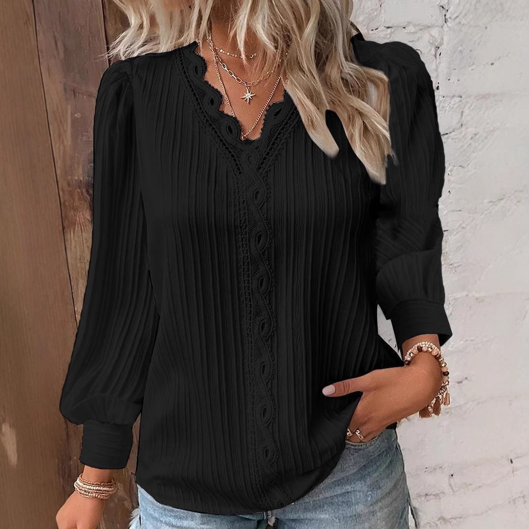 Women V Neck Eyelet Lace Puff Sleeve Blouse
