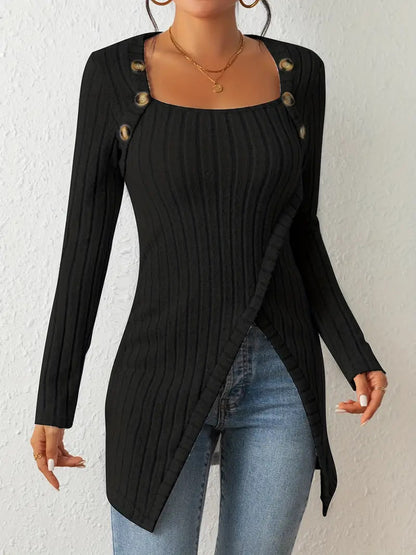 Square Neck Ribbed Button Detail Asymmetric Tunic Sweater