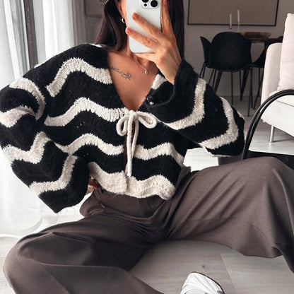 Women's Striped Tie Front Fuzzy Cardigan Sweater