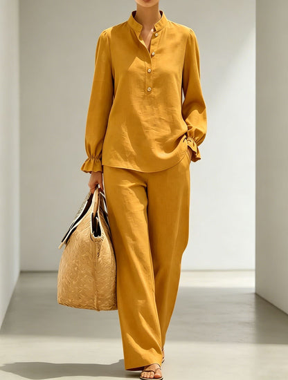 Women Puff Sleeve Blouse Wide Leg Pants Two Piece Set