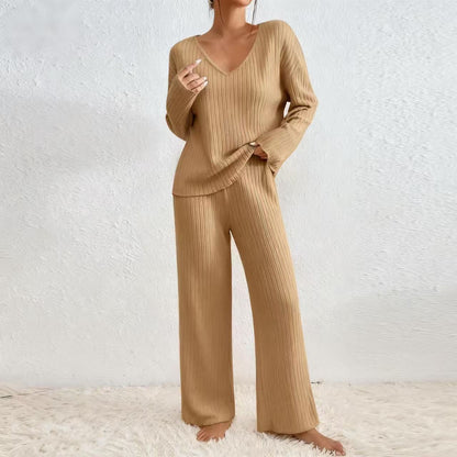 Women's Ribbed Knit Wide Leg Pants Two Piece Lounge Set