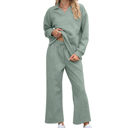 Women's Lounge Set Long Sleeve Collar Top Wide Leg Pants
