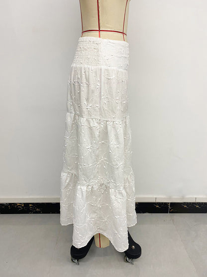 White Boho Maxi Skirt High Slit Embroidered Flowy Summer Vacation