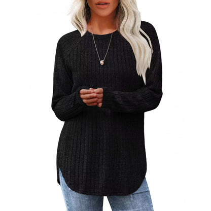 Women's Brushed Rib Long Sleeve Crew Neck Curved Hem Top