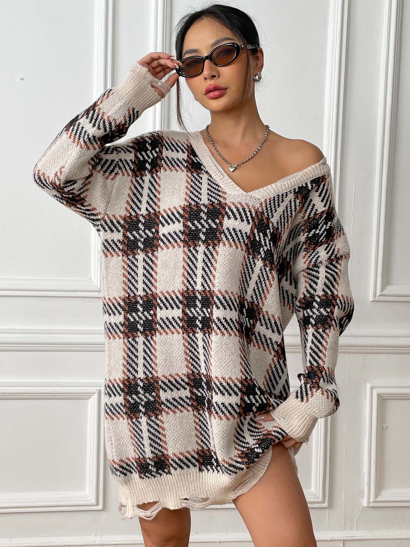 Plaid Color Block Knit Dress with Long Sleeves for Fall