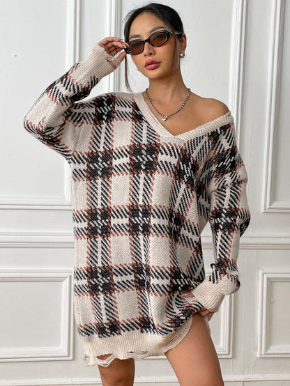 Plaid Color Block Knit Dress with Long Sleeves for Fall