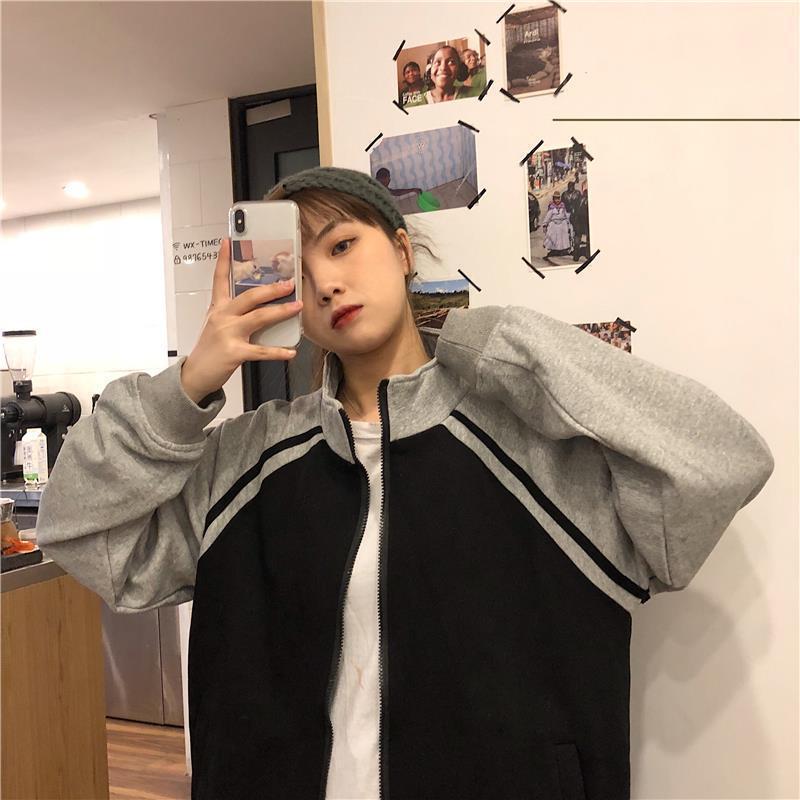 Women's Oversized Color Block Varsity Zip Up Jacket