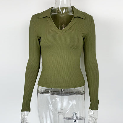 Women's Ribbed Polo V Neck Long Sleeve Fitted Top