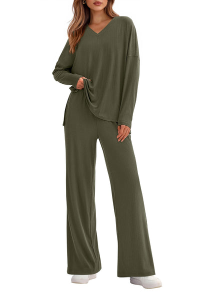 Women's Two Piece Ribbed Lounge Set Wide Leg Pants