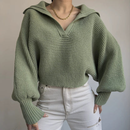 Oversized Collared V-Neck Knit Sweater Pullover