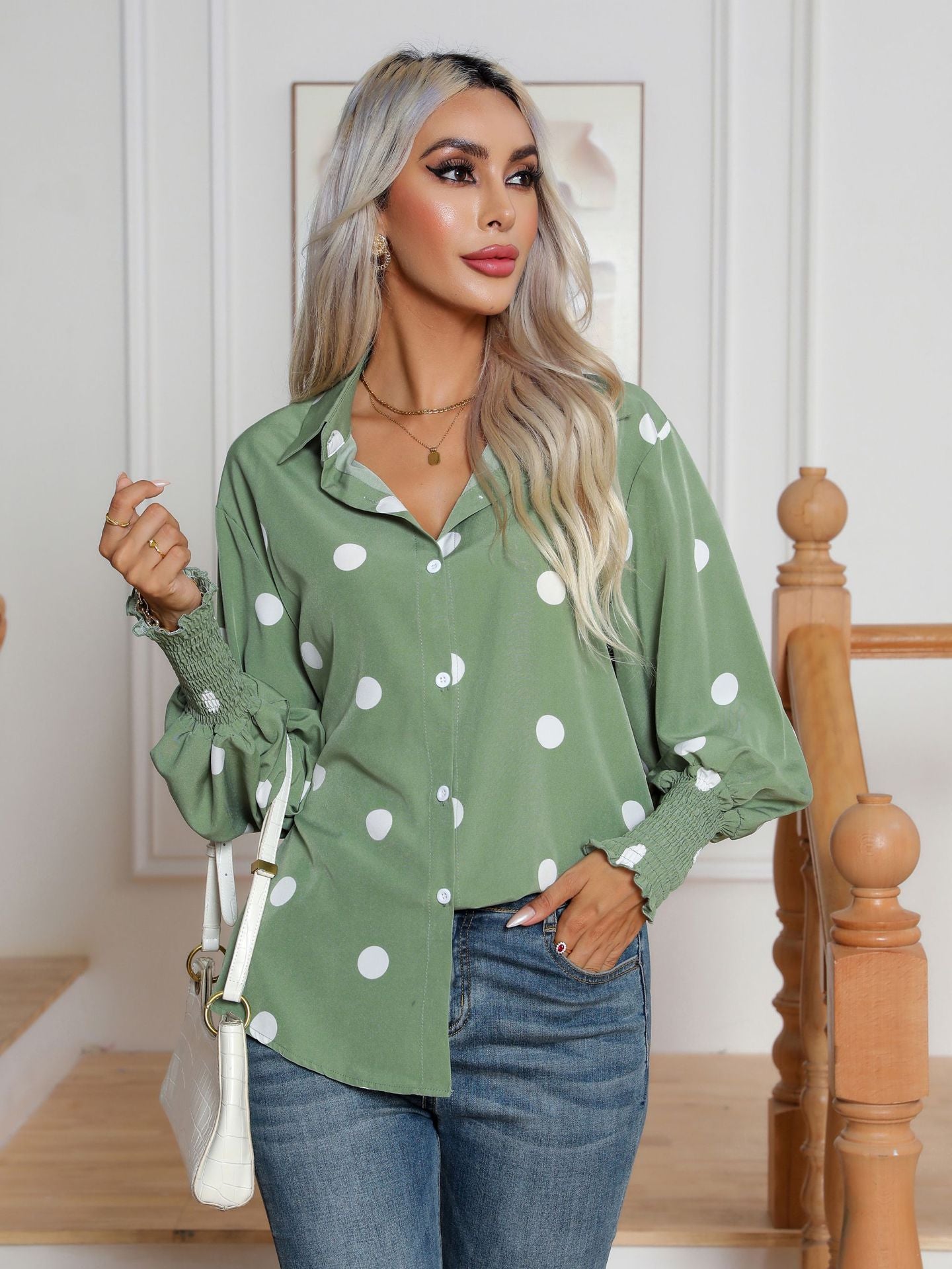 Sage Green Polka Dot Balloon Sleeve Button Down Blouse