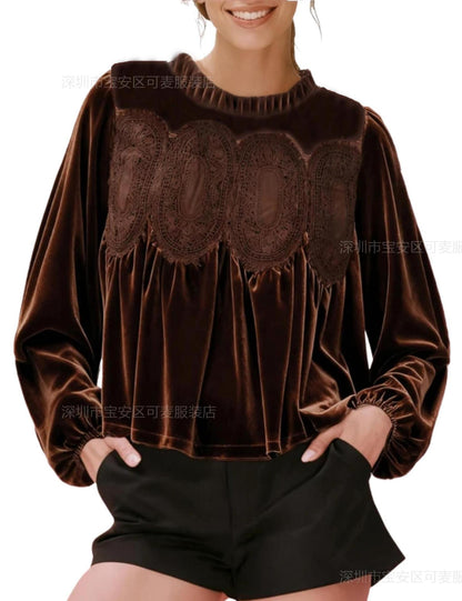 Velvet Ruffle Neck Lace Panel Long Sleeve Blouse Women