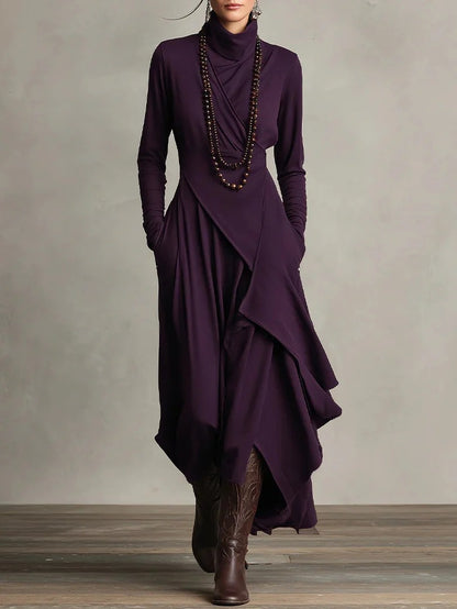 Women's Turtleneck Long Sleeve Asymmetric Midi Dress